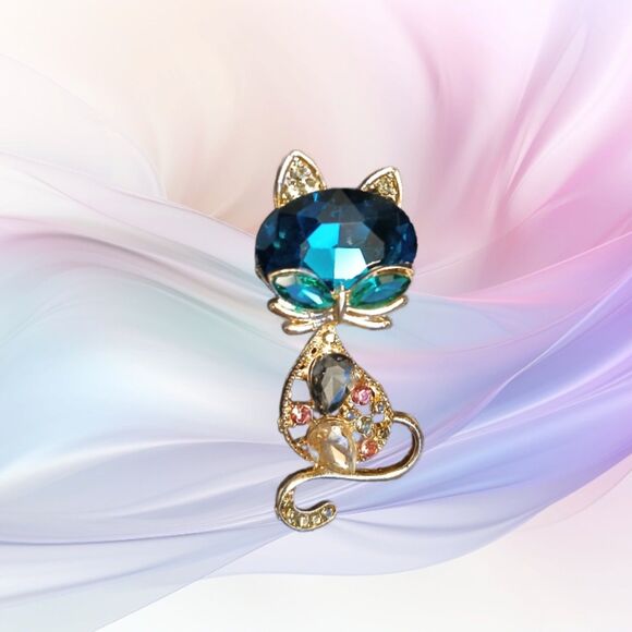 Cat Brooch Pin Large Blue Faceted Gemstone & Rhinestones - Picture 2 of 8